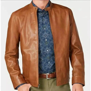 Tasso Elba Men's Brown Genuine Leather Jacket Zip Warm Winter Coat Size M